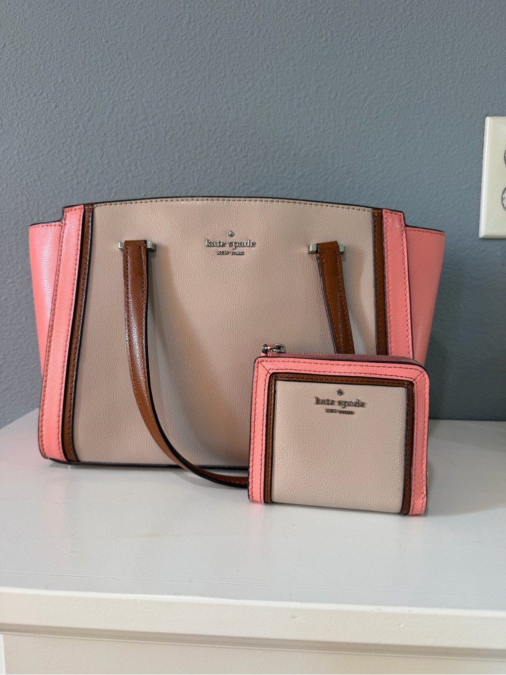 kate spade Cream, Pink & Brown Leather Tote with Matching Wallet